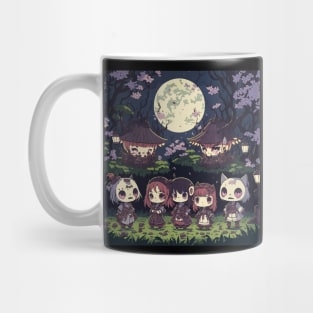 Cute Girl Cats in Japanese Traditional Horror Costume for Summer Night Party Mug